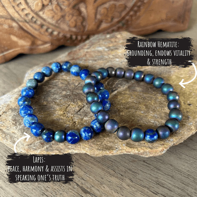 natural gemstones lapis and rainbow hematite connection set to share with someone special