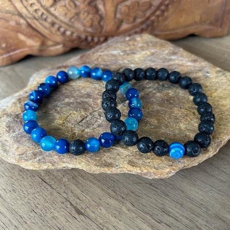 natural gemstones lava rock and electric blue agate connection bracelet set to share with someone special