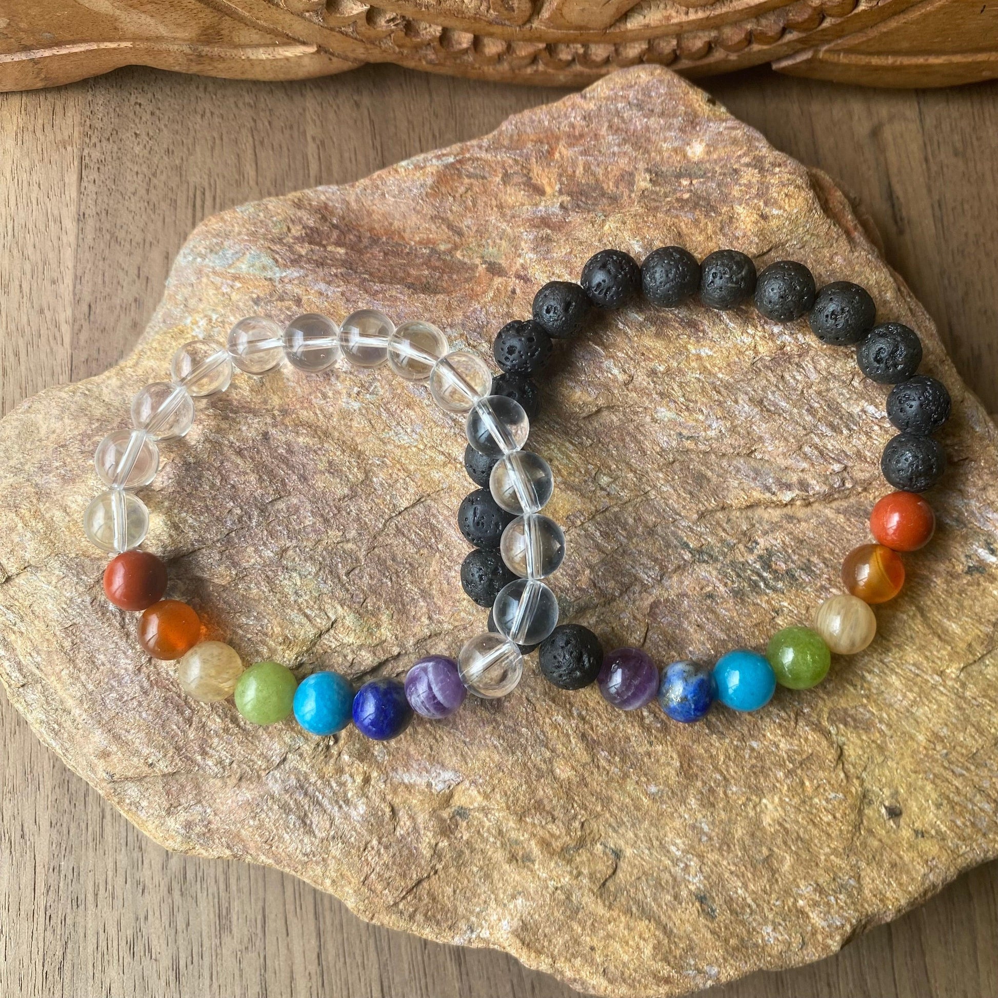 natural gemstone 7 chakra beaded bracelets with amplifying quartz or protective lava rock stone, also used as an essential oil diffuser