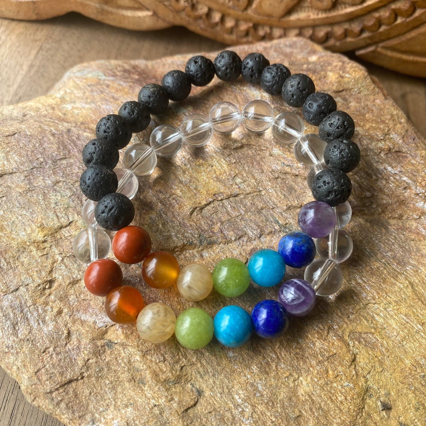 natural gemstone 7 chakra bracelets with amplifying quartz or protective lava rock stone, also used as an essential oil diffuser