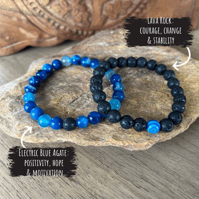 natural gemstones lava rock and electric blue agate connection bracelet set to share with someone special 