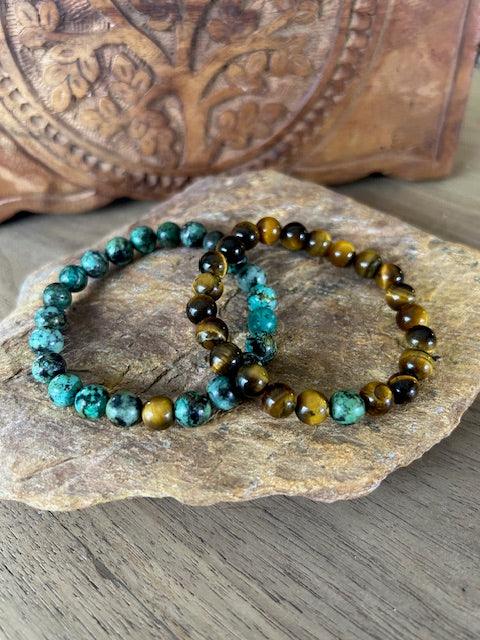 set of 2 natural gemstone beaded bracelets connection set made of African turquoise and tiger eye to share with someone special and match