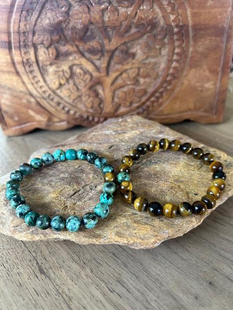 Natural gemstone beaded bracelet connection set made of african turquoise and tiger eye to share with someone special