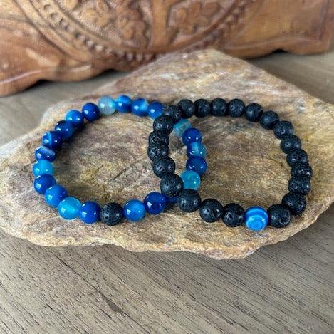 natural gemstones lava rock and electric blue agate connection bracelet set to share with someone special 