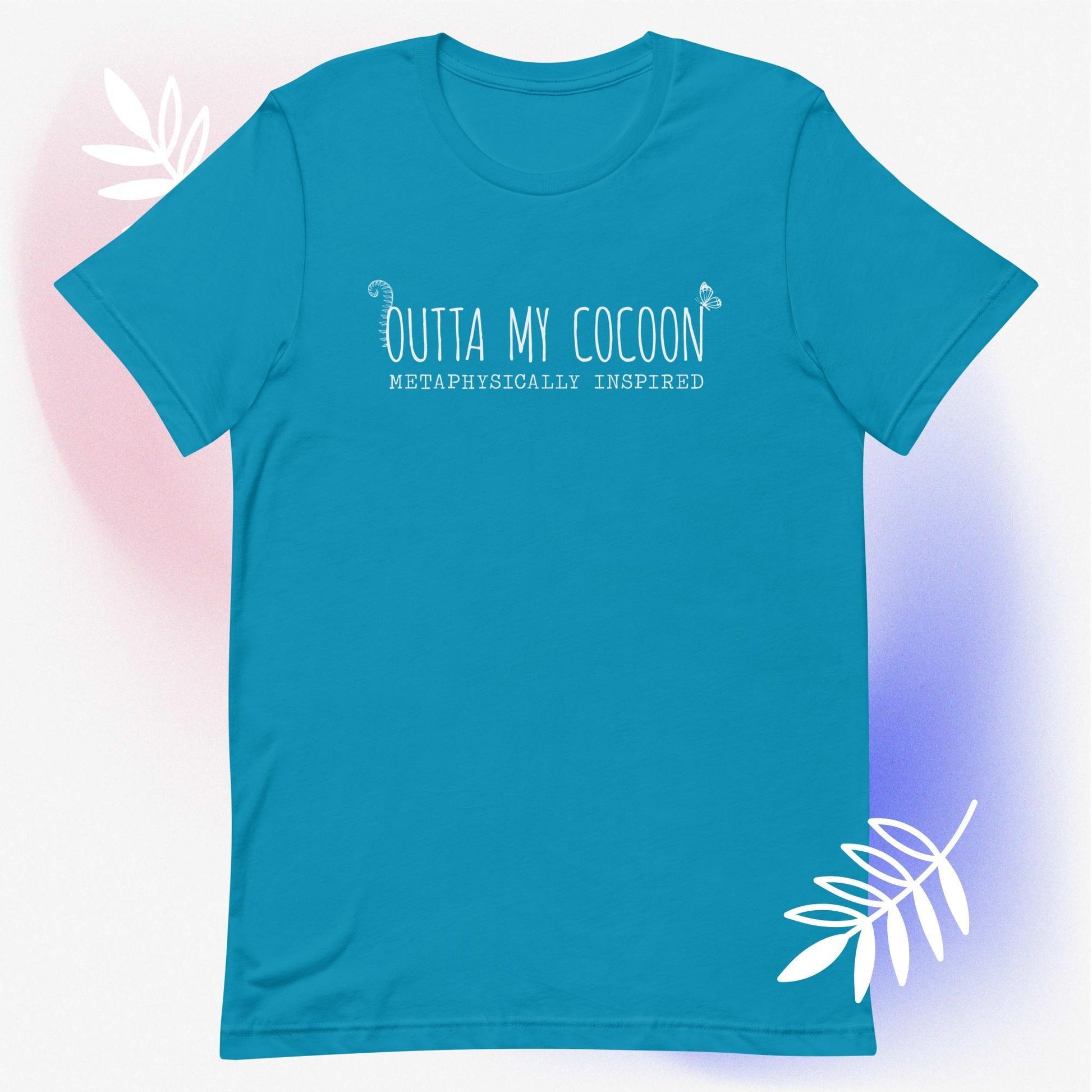 soft bella canvas t shirt featuring outta my cocoon logo with a fern and a butterfly on front and inspiring quote on back